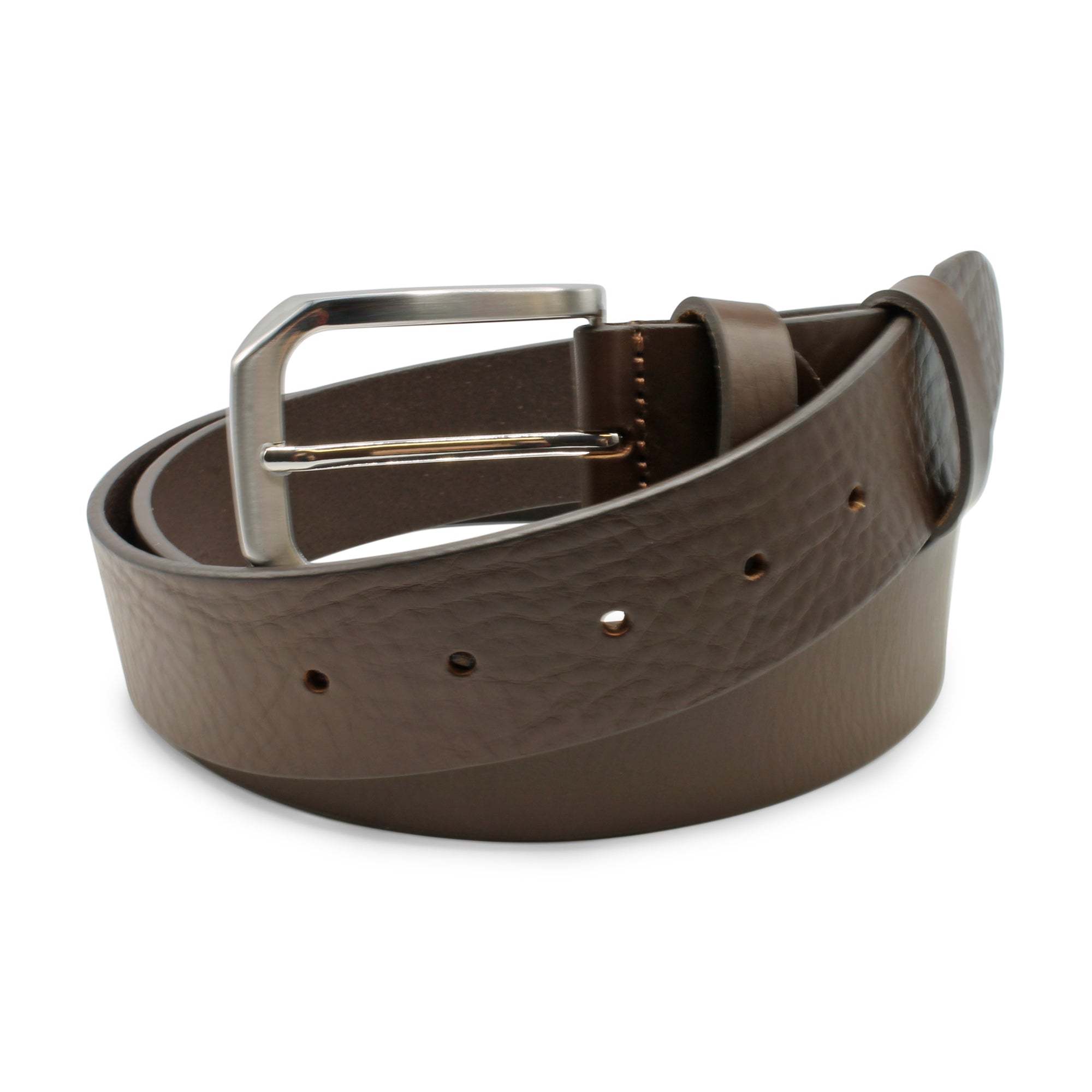 Brown leather belt with a silver buckle on a white background. Huxley Tanner Belt available at Sakks Menswear in Southampton.