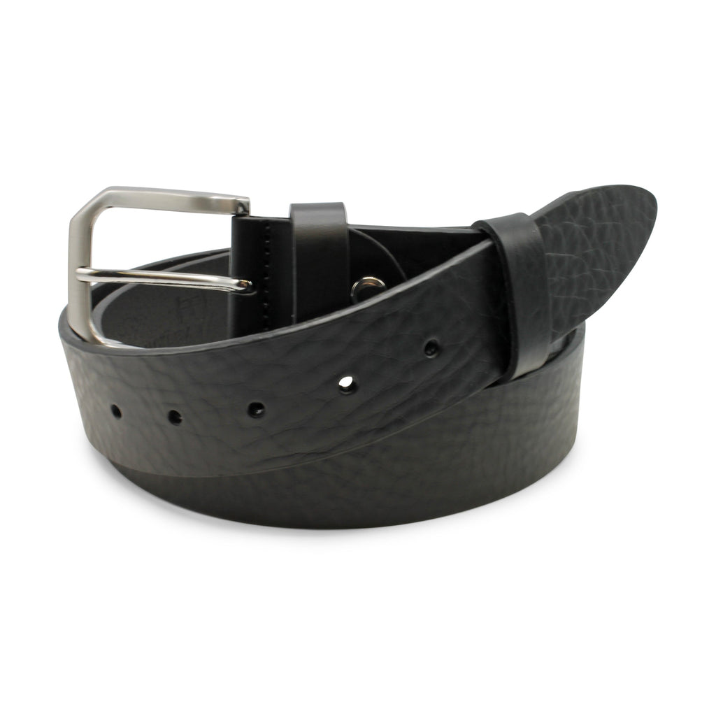 Black leather belt with a silver buckle on a white background. Huxley Tanner Belt available at Sakks Menswear in Southampton.