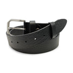 Black leather belt with a silver buckle on a white background. Huxley Tanner Belt available at Sakks Menswear in Southampton.