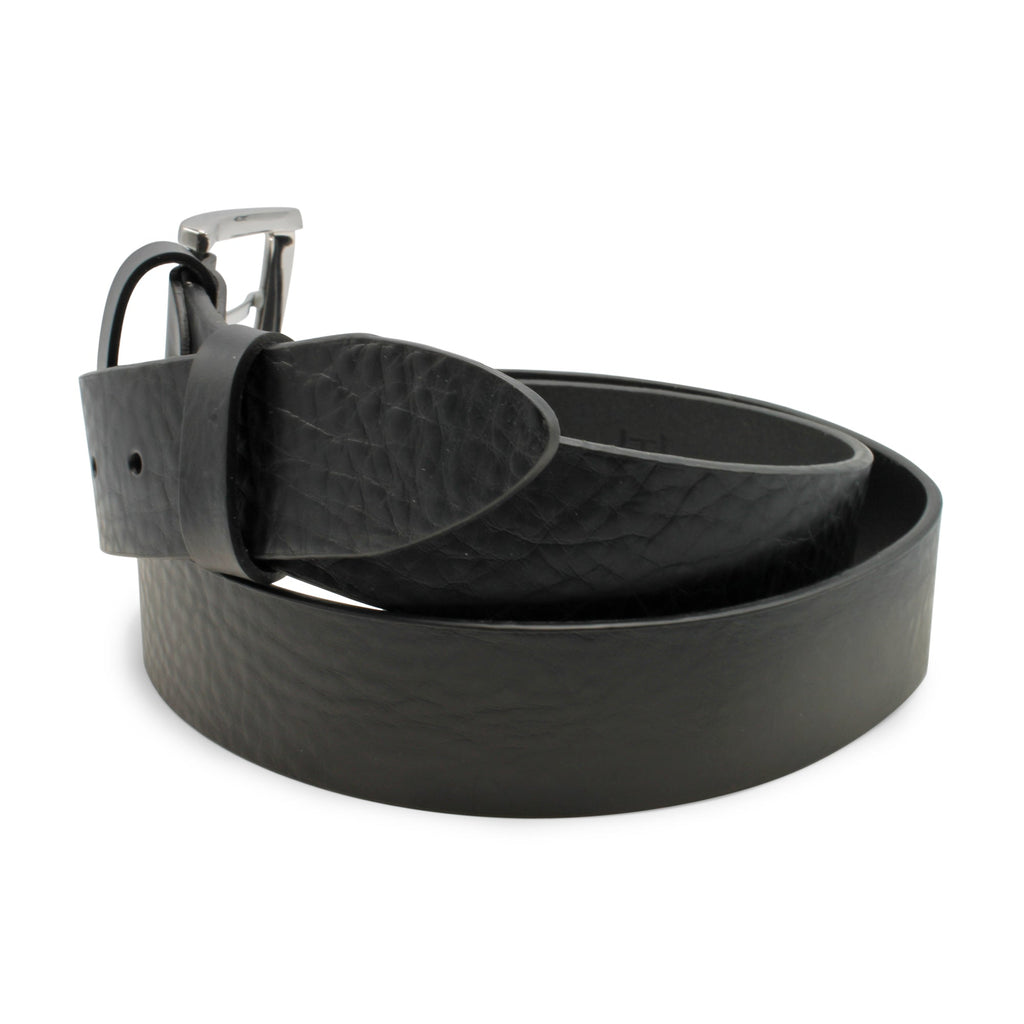 Black leather belt with silver buckle on a white background. Huxley Tanner Belt available at Sakks Menswear in Southampton.