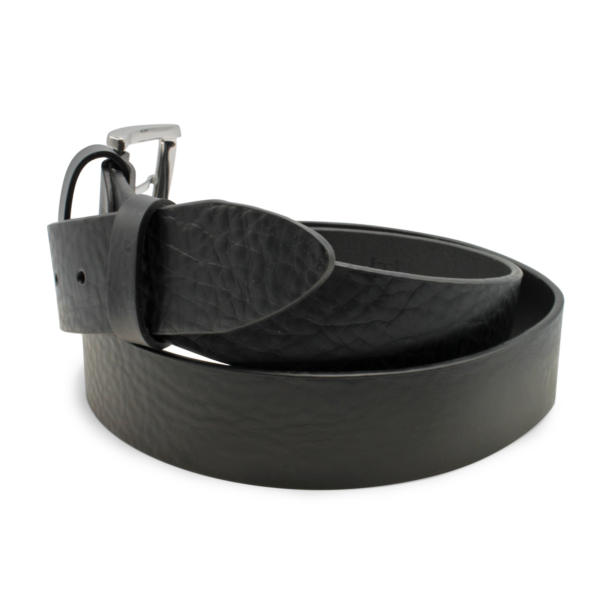 Black leather belt with silver buckle on a white background. Huxley Tanner Belt available at Sakks Menswear in Southampton.