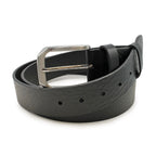 Black belt with a silver buckle on a white background. Huxley Tanner Belt available at Sakks Menswear in Southampton.