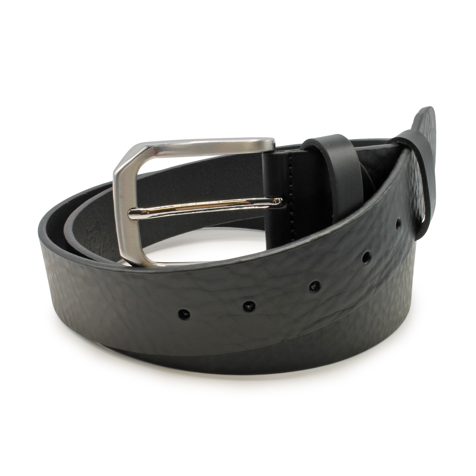 Black belt with a silver buckle on a white background. Huxley Tanner Belt available at Sakks Menswear in Southampton.