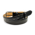 Black leather belt with a silver buckle on a white background. Huxley Tanner Belt Available at Sakks Menswear in Southampton.