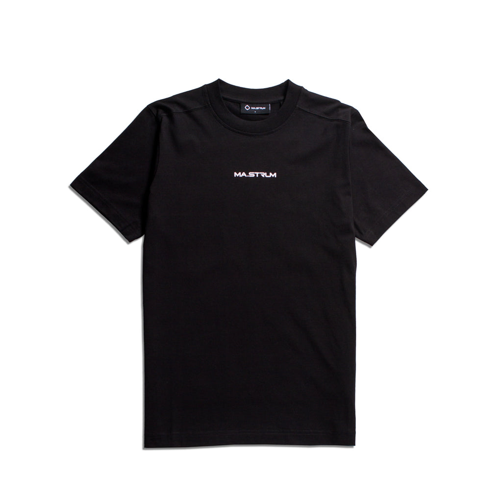 A black short-sleeve crewneck t-shirt with 'MA.STRUM' printed in white on the chest, displayed flat against a solid white background. MA.Strum T-Shirt available at Sakks Menswear in Southampton.