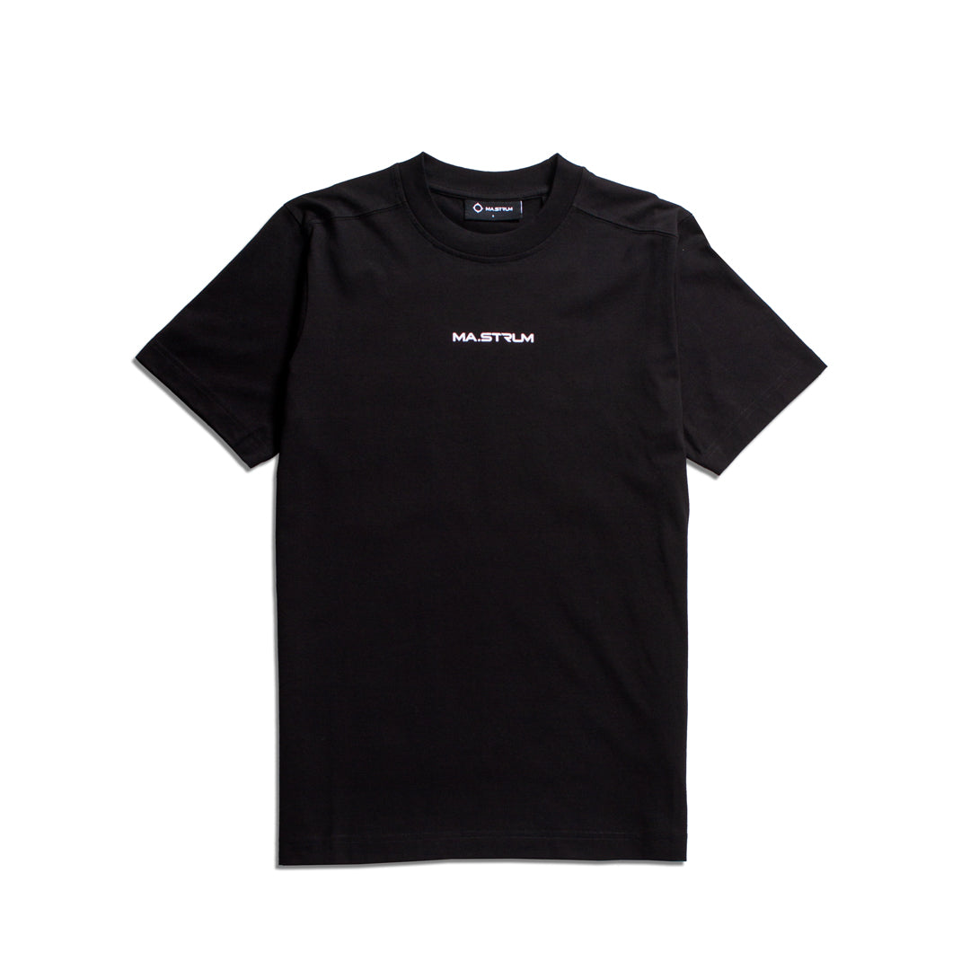 A black short-sleeve crewneck t-shirt with 'MA.STRUM' printed in white on the chest, displayed flat against a solid white background. MA.Strum T-Shirt available at Sakks Menswear in Southampton.