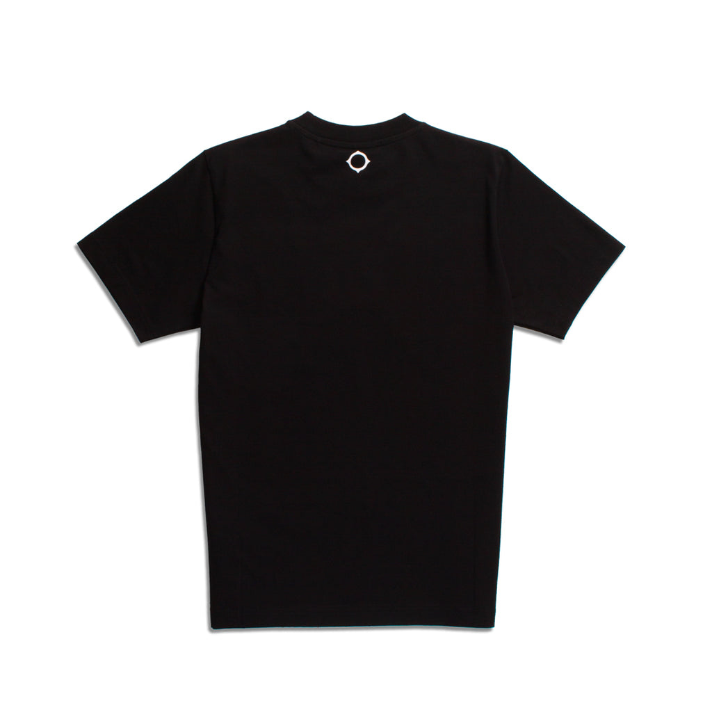 A black short-sleeve crewneck t-shirt with a small white circular ring detail on the inside of the collar, displayed flat against a white background. MA.Strum T-Shirt available at Sakks Menswear in Southampton.