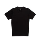 A black short-sleeve crewneck t-shirt with a small white circular ring detail on the inside of the collar, displayed flat against a white background. MA.Strum T-Shirt available at Sakks Menswear in Southampton.