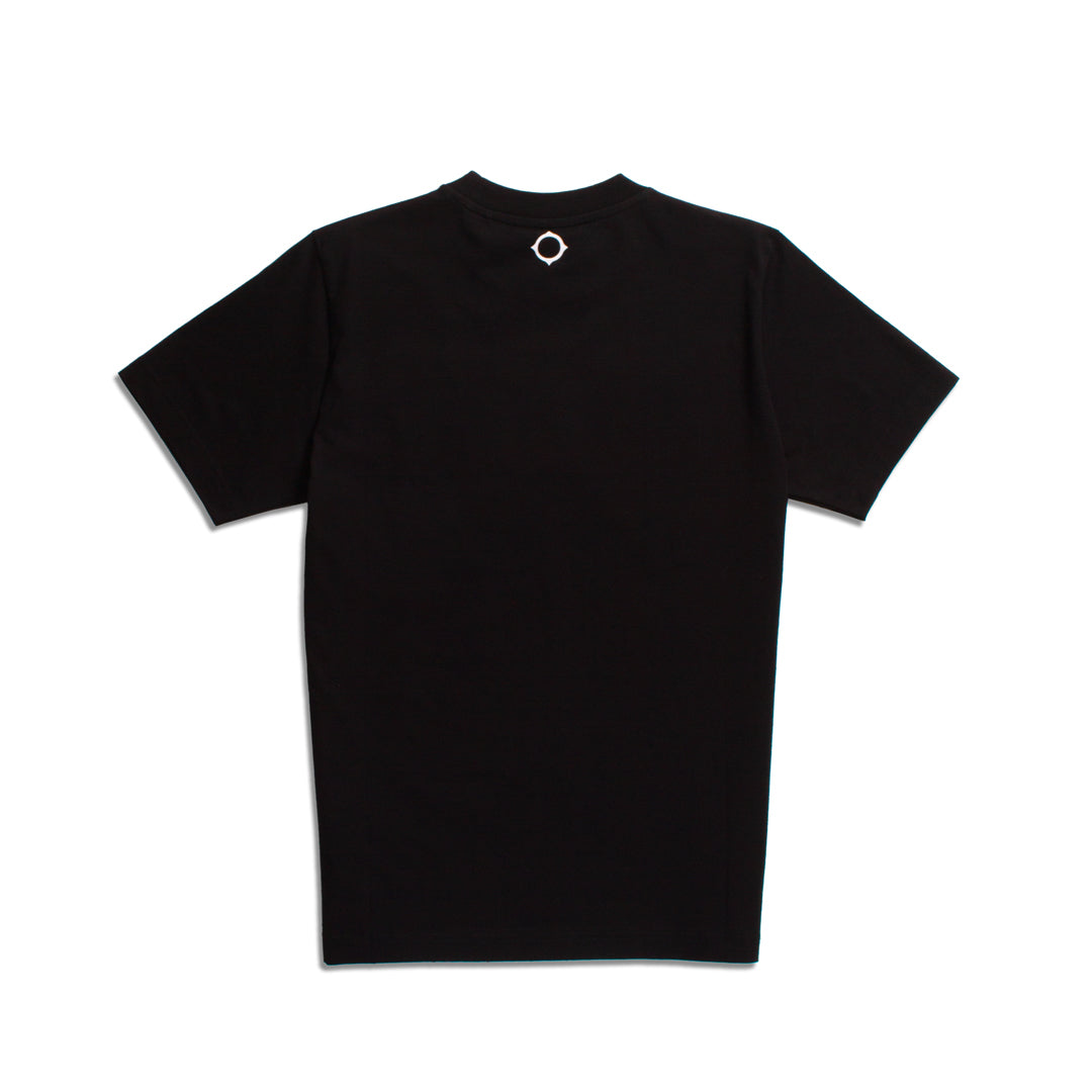 A black short-sleeve crewneck t-shirt with a small white circular ring detail on the inside of the collar, displayed flat against a white background. MA.Strum T-Shirt available at Sakks Menswear in Southampton.