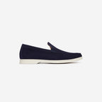 Navy blue textured clutch bag with gold clasp on a white background. Oliver Sweeney Loafers available at Sakks Menswear in Southampton.