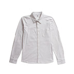 A white long-sleeve button-up shirt with a single chest pocket, laid flat against a solid white background. PAIGE Shirt available at Sakks Menswear in Southampton.