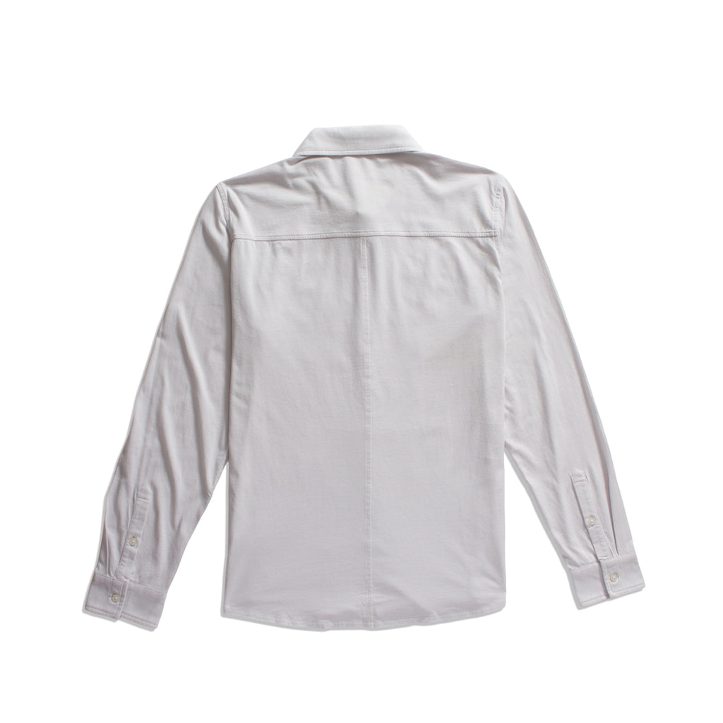A light gray long-sleeve button-up shirt shown from the back, laid flat against a solid white background. PAIGE Shirt available at Sakks Menswear in Southampton.