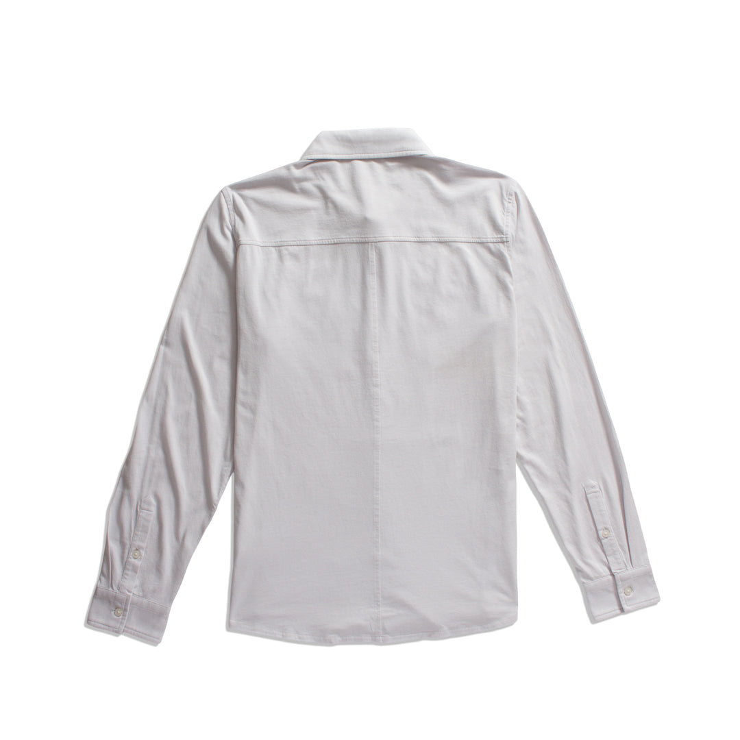 A light gray long-sleeve button-up shirt shown from the back, laid flat against a solid white background. PAIGE Shirt available at Sakks Menswear in Southampton.