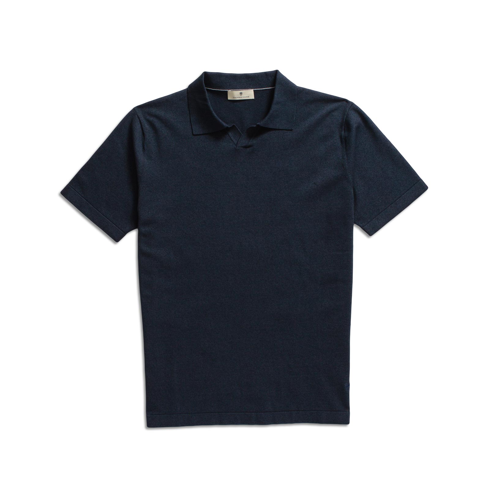 A dark navy blue short-sleeve polo shirt with a classic collar and a two-button placket, presented flat against a solid white background. Thomas Maine Polo available at Sakks Menswear in Southampton.