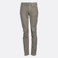 A pair of slim-fit jeans in a muted taupe-gray color, shown on a clean, light gray background. 7 For All Mankind. Sakks Menswear Southampton.