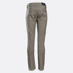 A pair of slim-fit jeans in a muted taupe-gray color, shown on a clean, light gray background. 7 For All Mankind. Sakks Menswear Southampton.