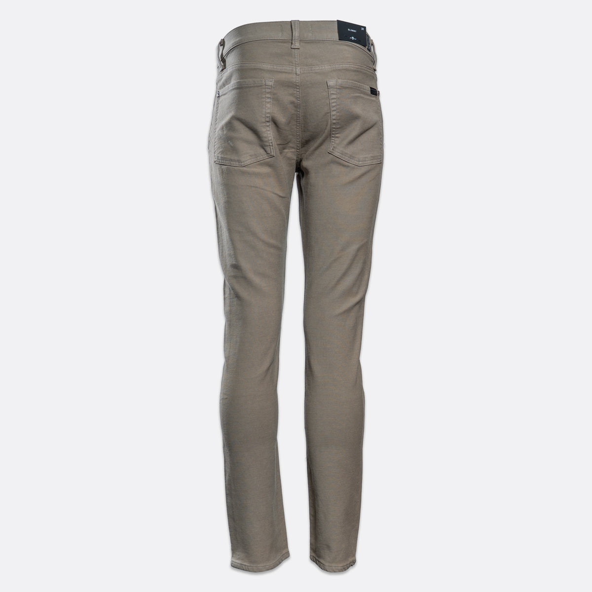 A pair of slim-fit jeans in a muted taupe-gray color, shown on a clean, light gray background. 7 For All Mankind. Sakks Menswear Southampton.