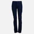 A pair of dark navy blue jeans shown from the waist down on a light grey background. 7 For All Mankind Slimmy Jeans. Sakks Menswear Southampton.