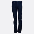 A pair of dark navy blue jeans shown from the waist down on a light grey background. 7 For All Mankind Slimmy Jeans. Sakks Menswear Southampton.