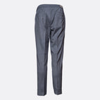 A pair of dark gray trousers shown from the back, featuring an elastic waistband and a subtle micro-check pattern, set against a plain light gray background. Briglia Trousers. Sakks Menswear Southampton.