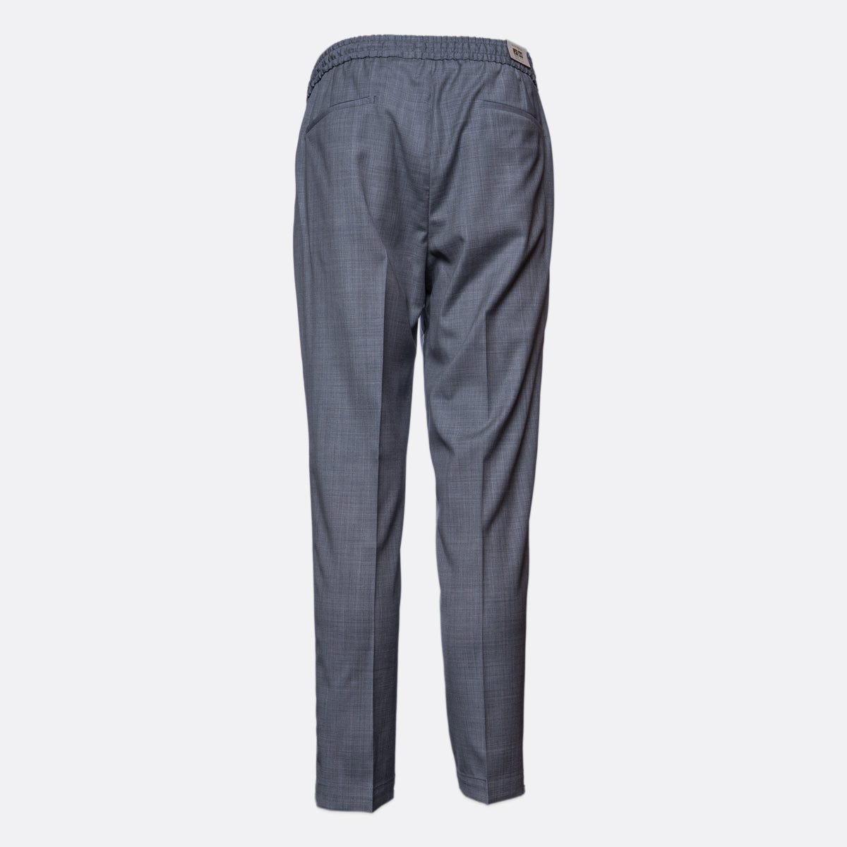 A pair of dark gray trousers shown from the back, featuring an elastic waistband and a subtle micro-check pattern, set against a plain light gray background. Briglia Trousers. Sakks Menswear Southampton.