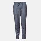 A pair of men's slim-fit trousers in a textured gray fabric with a subtle plaid pattern, featuring an elastic waistband with a drawstring, shown against a plain light gray background. Briglia Trousers. Sakks Menswear Southampton.