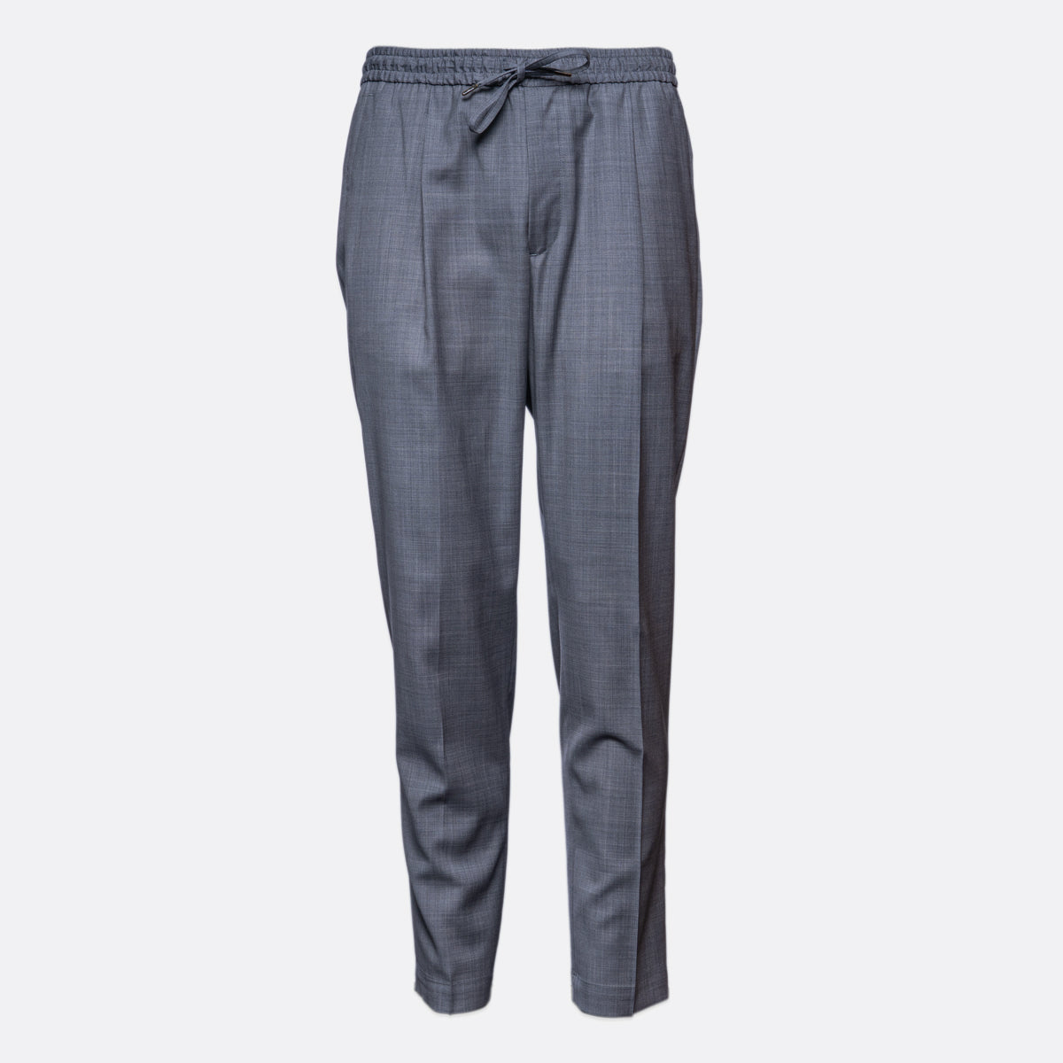 A pair of men's slim-fit trousers in a textured gray fabric with a subtle plaid pattern, featuring an elastic waistband with a drawstring, shown against a plain light gray background. Briglia Trousers. Sakks Menswear Southampton.