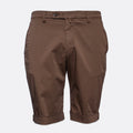 A pair of brown chino shorts with rolled cuffs, shown against a plain light gray background. Briglia Bermuda Shorts. Sakks Menswear Southampton.