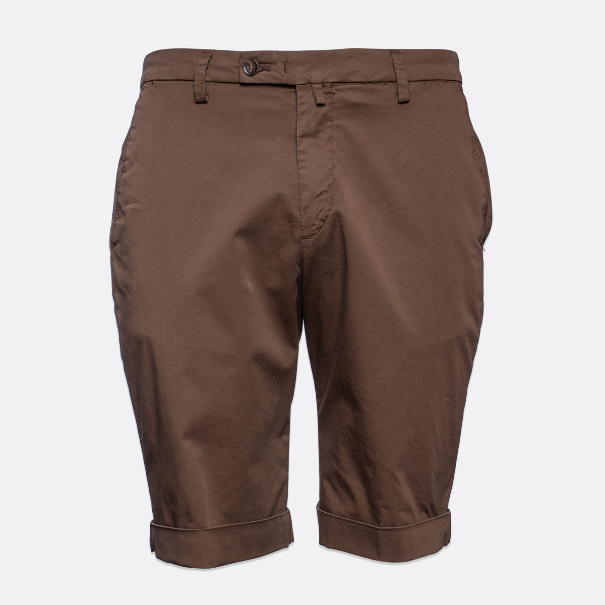 A pair of brown chino shorts with rolled cuffs, shown against a plain light gray background. Briglia Bermuda Shorts. Sakks Menswear Southampton.