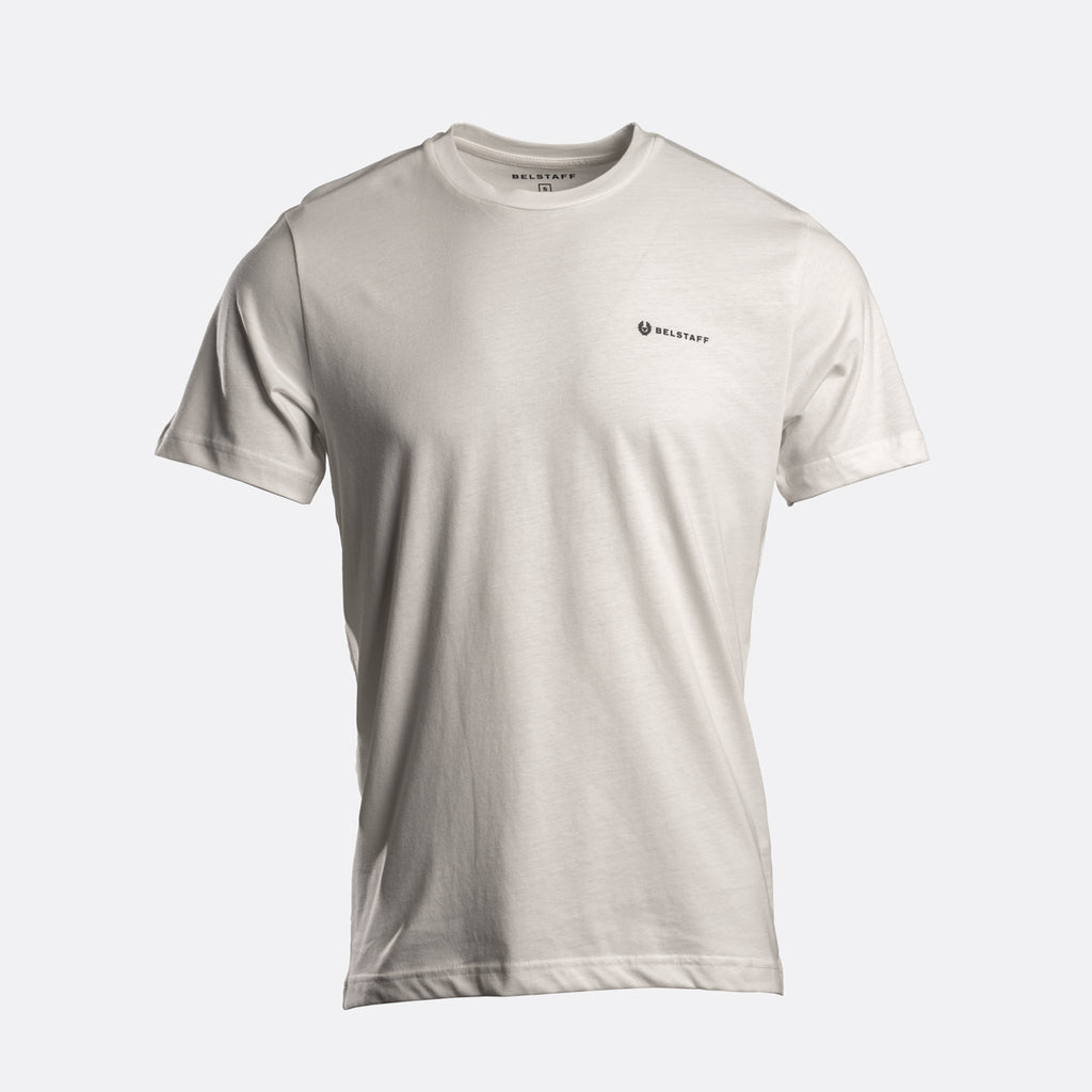 A light gray crew-neck t-shirt with a small black printed logo on the left chest, displayed on a clean, light gray background. Belstaff T-Shirts. Sakks Menswear Southampton.
