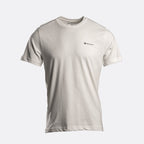 A light gray crew-neck t-shirt with a small black printed logo on the left chest, displayed on a clean, light gray background. Belstaff T-Shirts. Sakks Menswear Southampton.