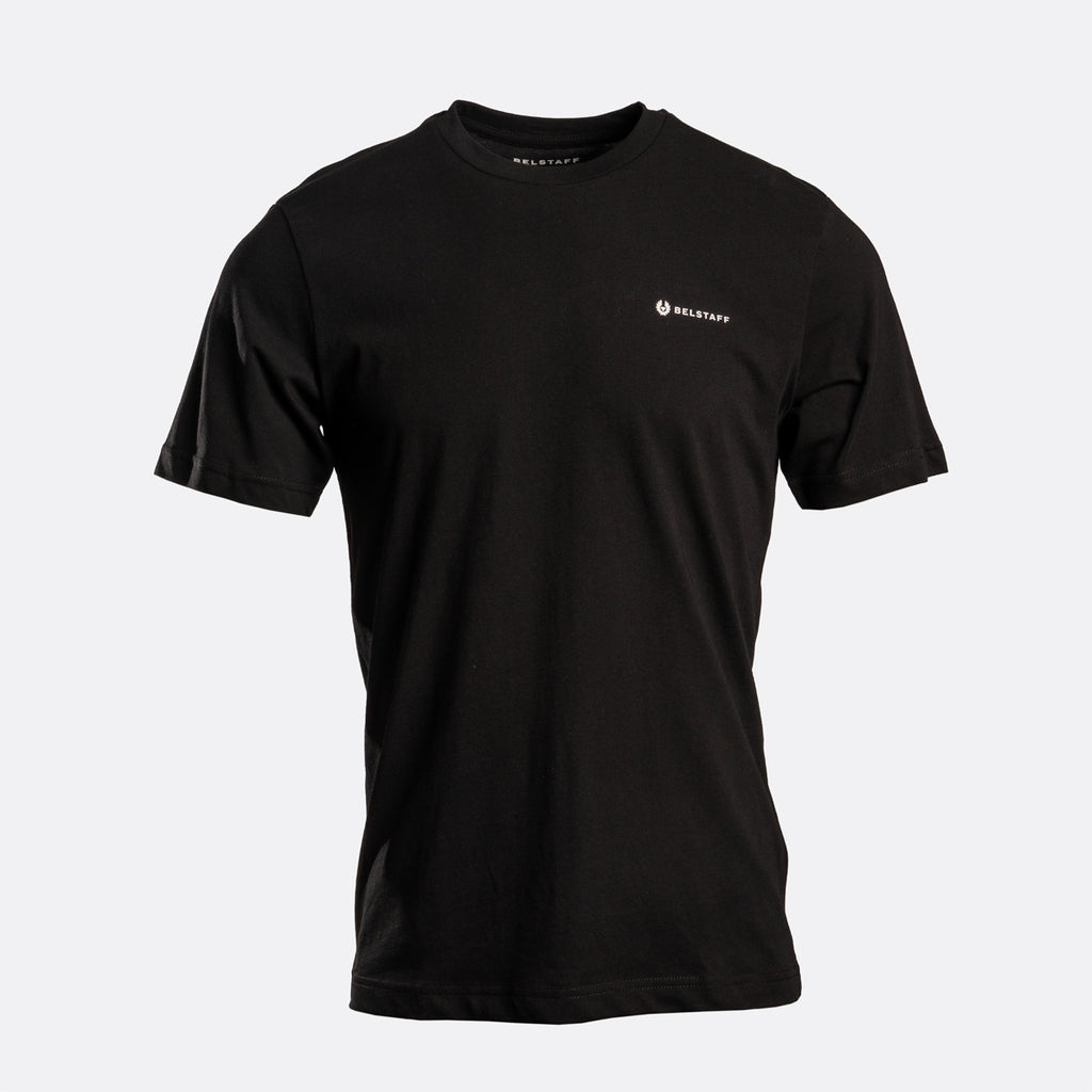 A black short-sleeve crewneck t-shirt with a small white HIKER brand logo on the left chest, displayed against a light gray background. Belstaff T-Shirts. Sakks Menswear Southampton.
