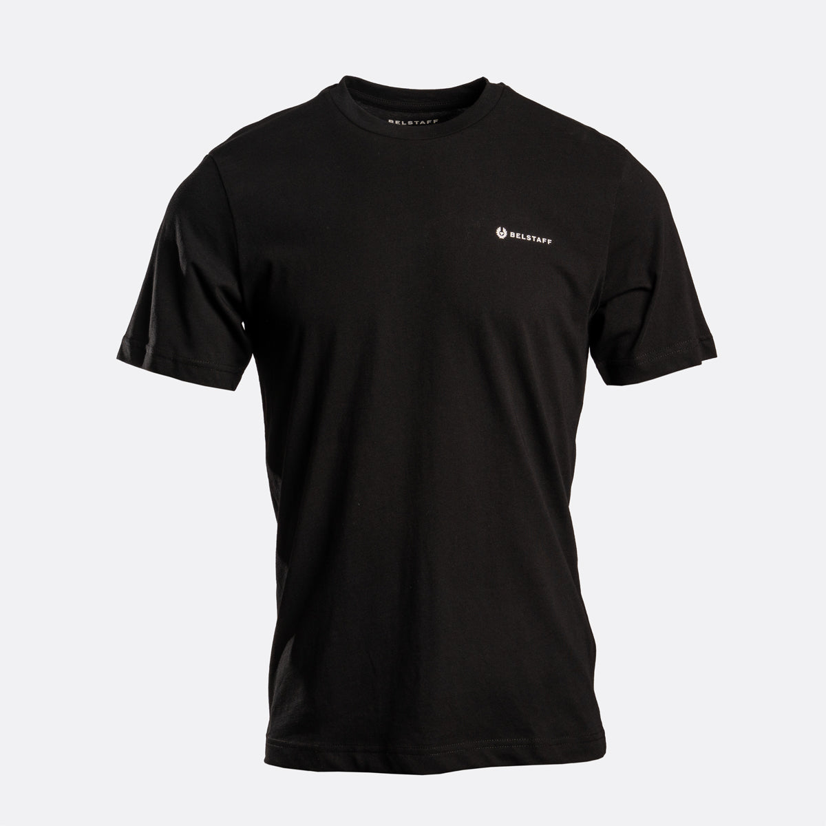 A black short-sleeve crewneck t-shirt with a small white HIKER brand logo on the left chest, displayed against a light gray background. Belstaff T-Shirts. Sakks Menswear Southampton.