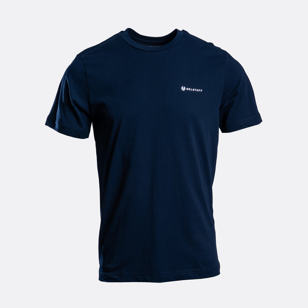 A dark navy blue short-sleeve crewneck t-shirt with a small white HIKER brand logo on the left chest, displayed against a light gray background. Belstaff T-Shirts. Sakks Menswear Southampton.