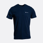 A dark navy blue short-sleeve crewneck t-shirt with a small white HIKER brand logo on the left chest, displayed against a light gray background. Belstaff T-Shirts. Sakks Menswear Southampton.