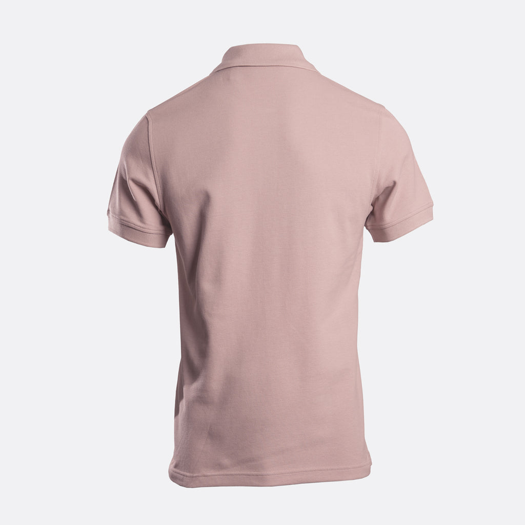 A short-sleeve polo shirt shown from the back, in a dusty rose pink color, displayed on a clean light gray background. Belstaff Polo. Sakks Menswear Southampton.