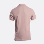 A short-sleeve polo shirt shown from the back, in a dusty rose pink color, displayed on a clean light gray background. Belstaff Polo. Sakks Menswear Southampton.