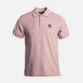 A light pink short-sleeve polo shirt with a small embroidered logo on the left chest, displayed on a clean white background. Belstaff Polo. Sakks Menswear Southampton.