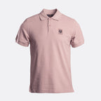 A light pink short-sleeve polo shirt with a small embroidered logo on the left chest, displayed on a clean white background. Belstaff Polo. Sakks Menswear Southampton.