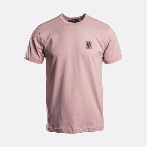 A dusty pink short-sleeve crewneck t-shirt with a small embroidered patch on the left chest, displayed on a clean white background. Belstaff T-Shirt. Sakks Menswear Southampton.