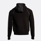 A black hooded sweatshirt shown from the back, featuring a contrasting black quilted hood insert and subtle dark gray shoulder panels, photographed against a light gray background. Belstaff Hoodie. Sakks Menswear Southampton.