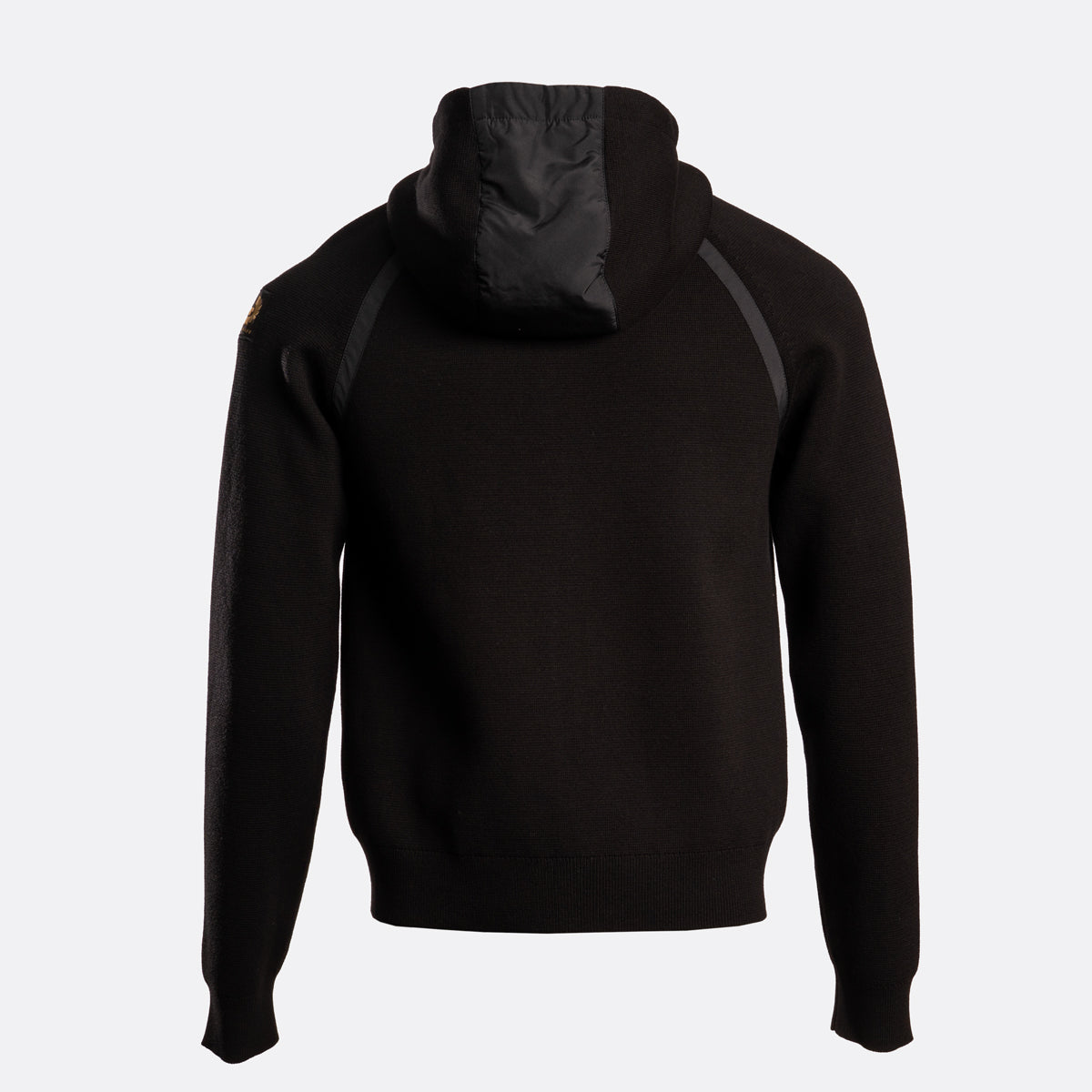 A black hooded sweatshirt shown from the back, featuring a contrasting black quilted hood insert and subtle dark gray shoulder panels, photographed against a light gray background. Belstaff Hoodie. Sakks Menswear Southampton.