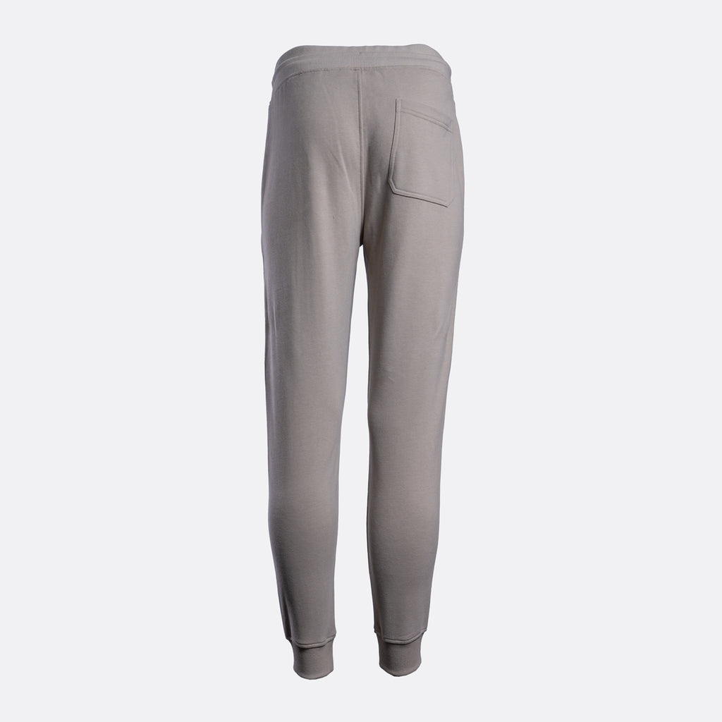A pair of light gray jogger pants shown from the back, featuring a single back pocket and ribbed cuffs, displayed on a clean white background. Belstaff Sweat Pants. Sakks Menswear Southampton.