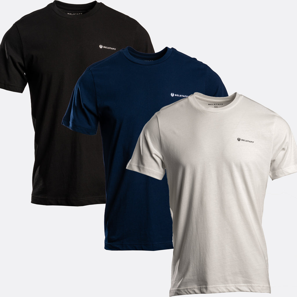 Three short-sleeve crew-neck t-shirts from Melsberg, shown in black, navy blue, and off-white, layered together on a light gray background. Belstaff T-Shirts. Sakks Menswear Southampton.