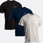 Three short-sleeve crew-neck t-shirts from Melsberg, shown in black, navy blue, and off-white, layered together on a light gray background. Belstaff T-Shirts. Sakks Menswear Southampton.