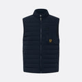 A dark navy blue quilted puffer vest with a stand-up collar, front zipper, and a vertical zippered chest pocket featuring a small yellow embroidered logo, shown against a light gray background. Belstaff Gilet. Sakks Menswear Southampton.