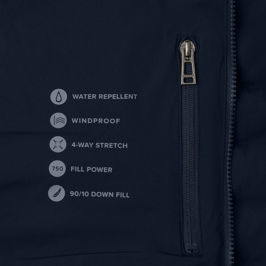 Close-up of a dark navy puffer jacket showing a vertical zipper pocket with a silver zipper pull and printed feature callouts including water repellent, windproof, 4-way stretch, fill power, and down fill. Belstaff Gilet. Sakks Menswear Southampton.
