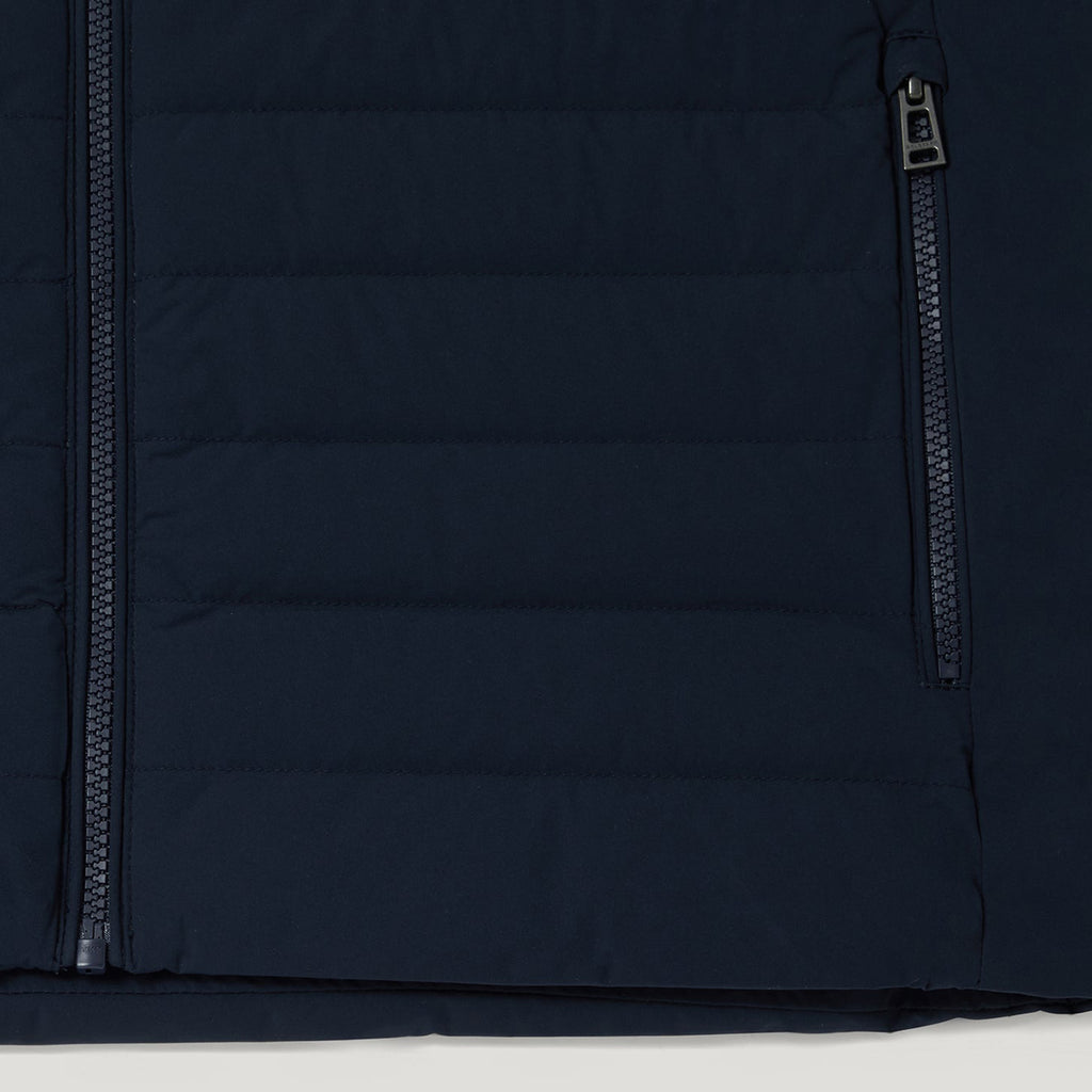 Close-up of a dark navy quilted puffer jacket showing a vertical front zipper and a smaller zippered pocket with a silver zipper pull. Belstaff Gilet. Sakks Menswear Southampton.