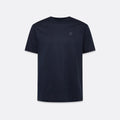 A dark navy blue short-sleeve crewneck t-shirt with a small tonal embroidered square logo on the left chest, displayed against a light gray background. Belstaff T-Shirt. Sakks Menswear Southampton.