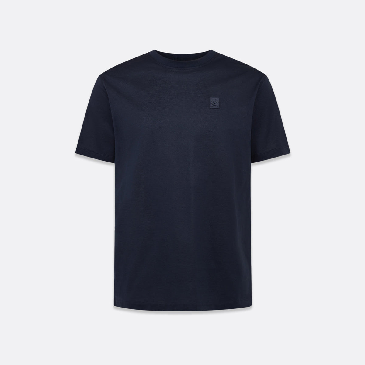 A dark navy blue short-sleeve crewneck t-shirt with a small tonal embroidered square logo on the left chest, displayed against a light gray background. Belstaff T-Shirt. Sakks Menswear Southampton.